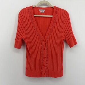 Van Heusen Studio Cardigan Coral Orange Womens L Short‎ Sleeve Ribbed Lace Trim
